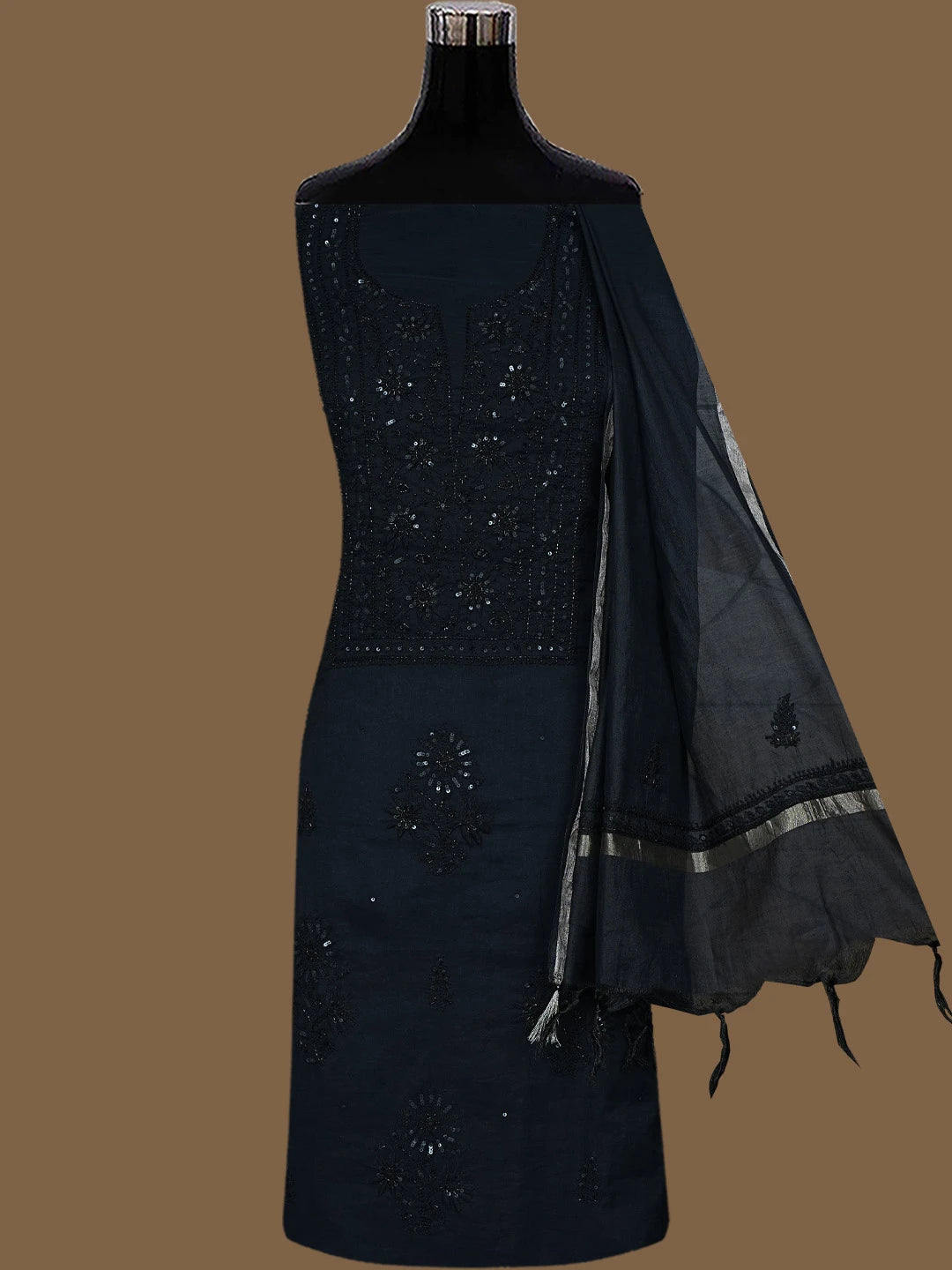 Ada Hand Embroidered Black Chanderi Lucknowi Chikankari Unstitched Kurta Dupatta Set With Cutdana Work 01A780341