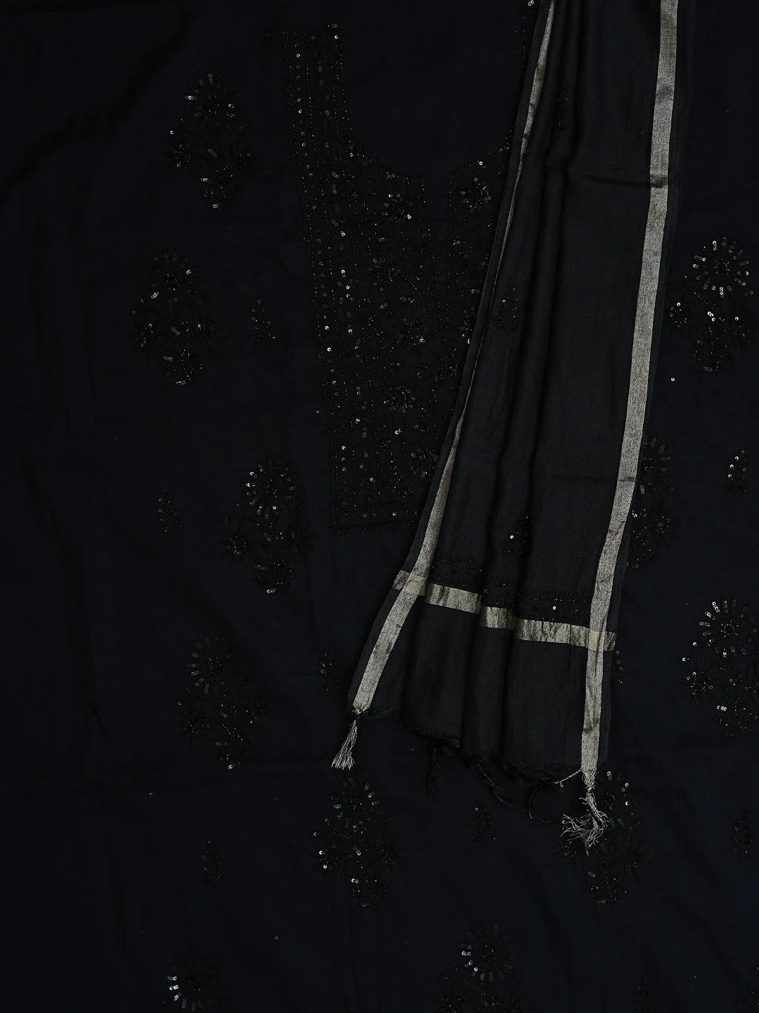 Ada Hand Embroidered Black Chanderi Lucknowi Chikankari Unstitched Kurta Dupatta Set With Cutdana Work 01A780341