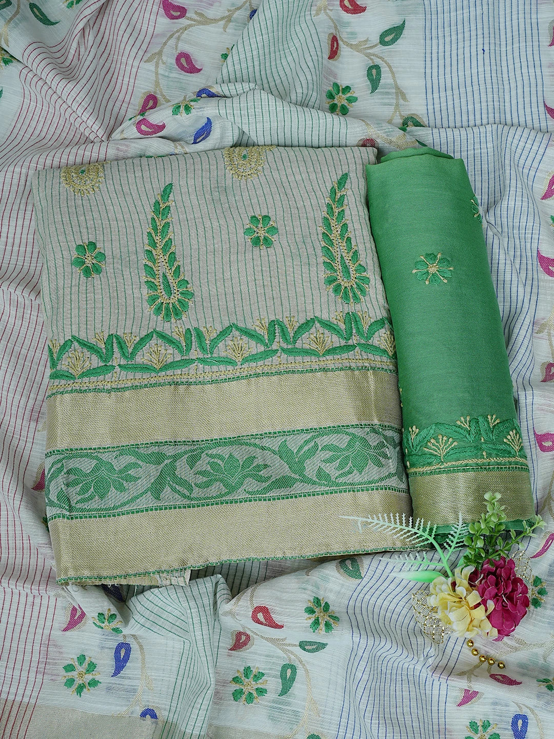 Ada Hand Embroidered Fawn Chanderi Lucknowi Chikankari Unstitched Suit Piece A564452
