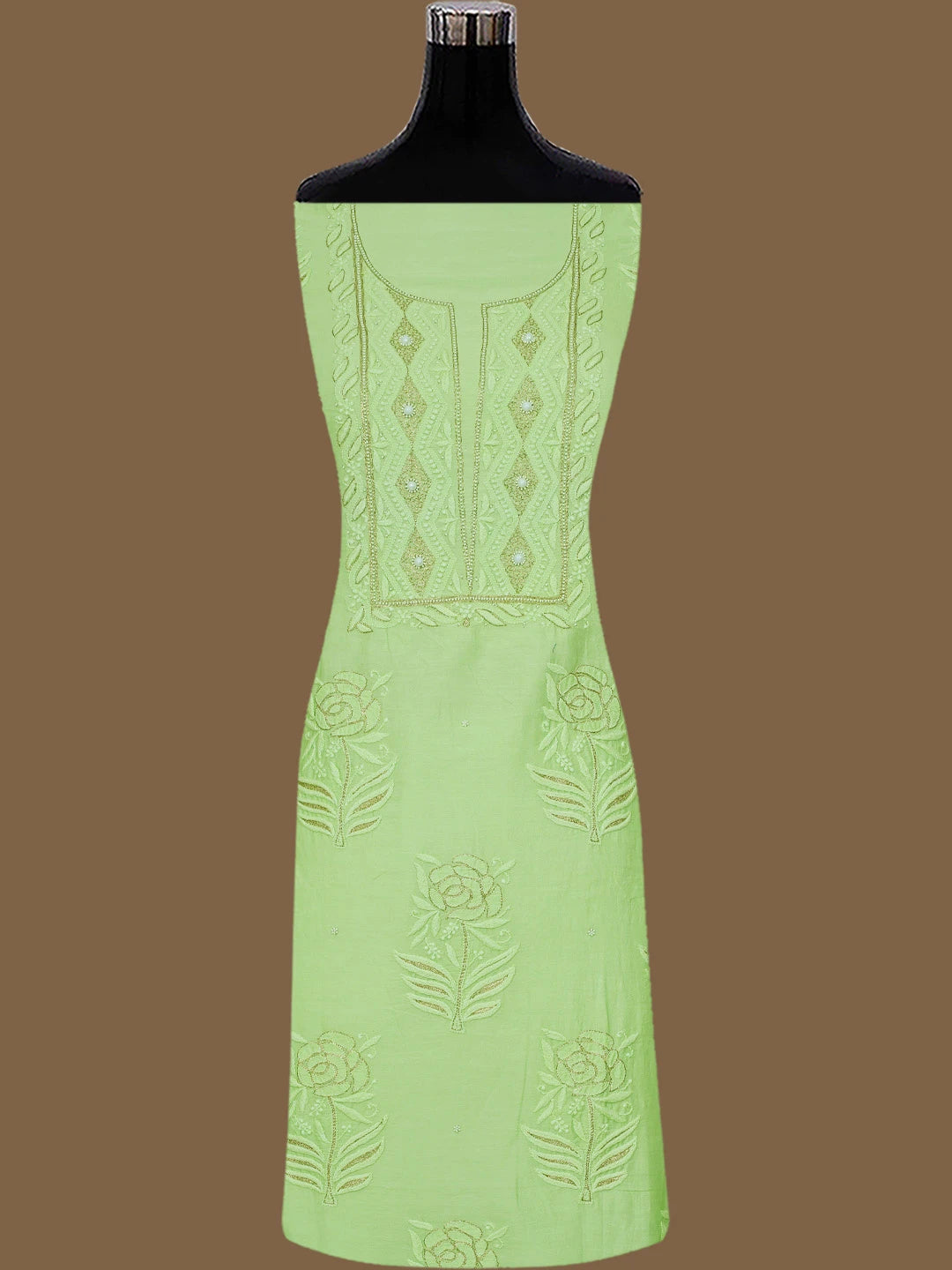 Ada Hand Embroidered Light Green Chanderi Lucknowi Chikankari Unstitched Kurta Dupatta Set With Pearl Work 01A525840