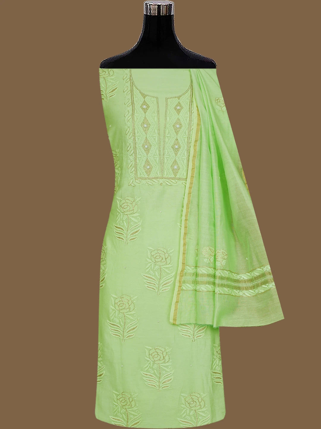 Ada Hand Embroidered Light Green Chanderi Lucknowi Chikankari Unstitched Kurta Dupatta Set With Pearl Work 01A525840