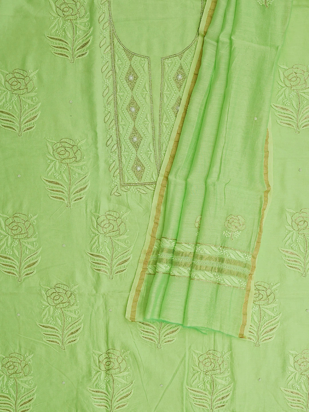 Ada Hand Embroidered Light Green Chanderi Lucknowi Chikankari Unstitched Kurta Dupatta Set With Pearl Work 01A525840