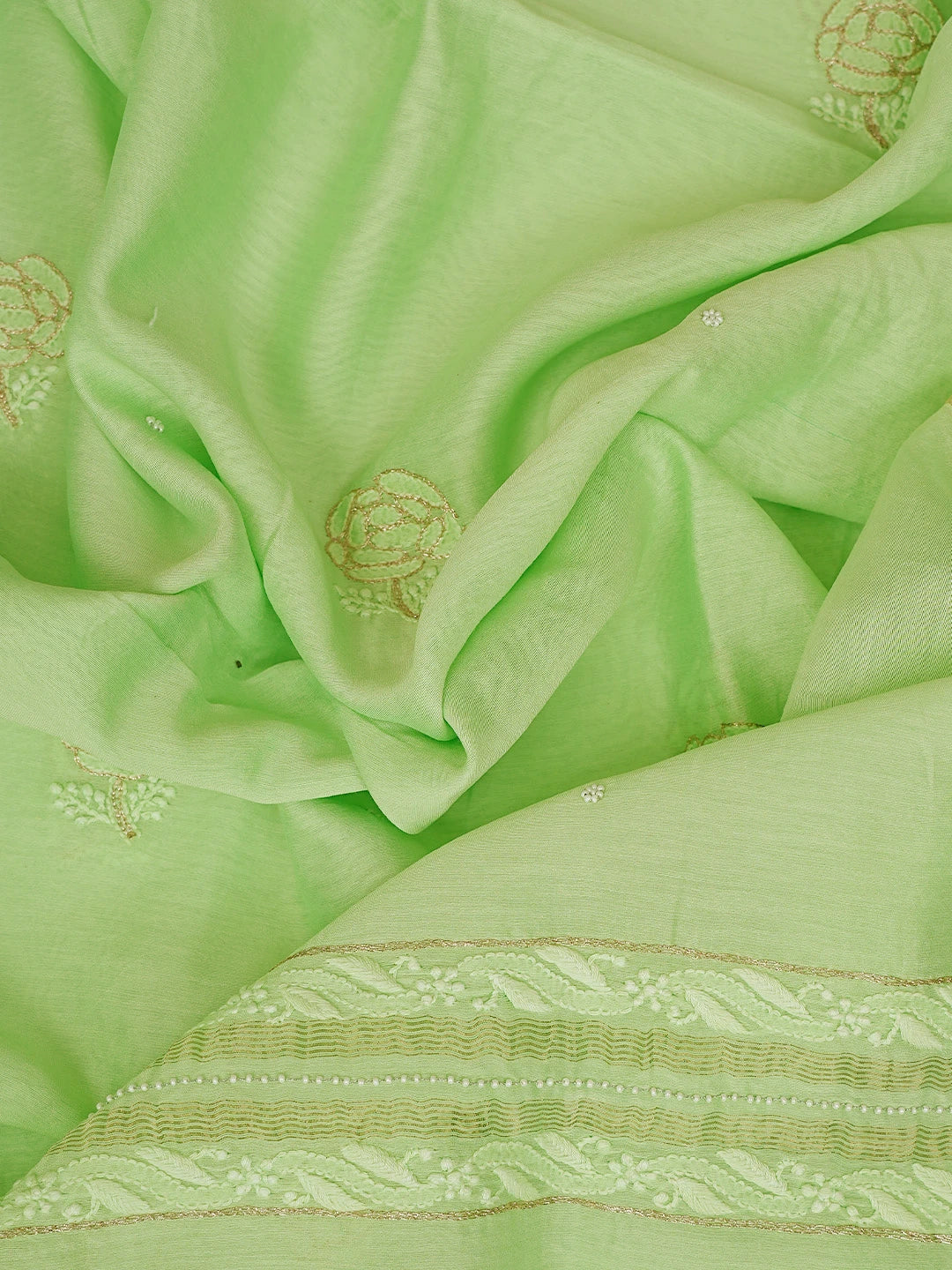Ada Hand Embroidered Light Green Chanderi Lucknowi Chikankari Unstitched Kurta Dupatta Set With Pearl Work 01A525840