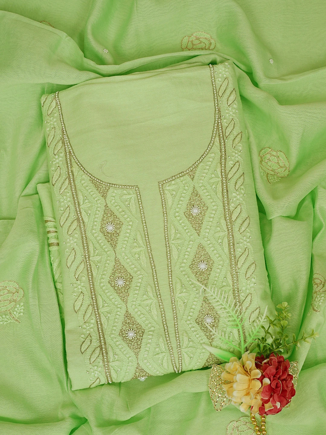 Ada Hand Embroidered Light Green Chanderi Lucknowi Chikankari Unstitched Kurta Dupatta Set With Pearl Work 01A525840