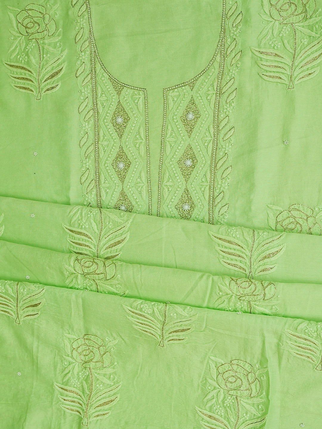 Ada Hand Embroidered Light Green Chanderi Lucknowi Chikankari Unstitched Kurta Dupatta Set With Pearl Work 01A525840