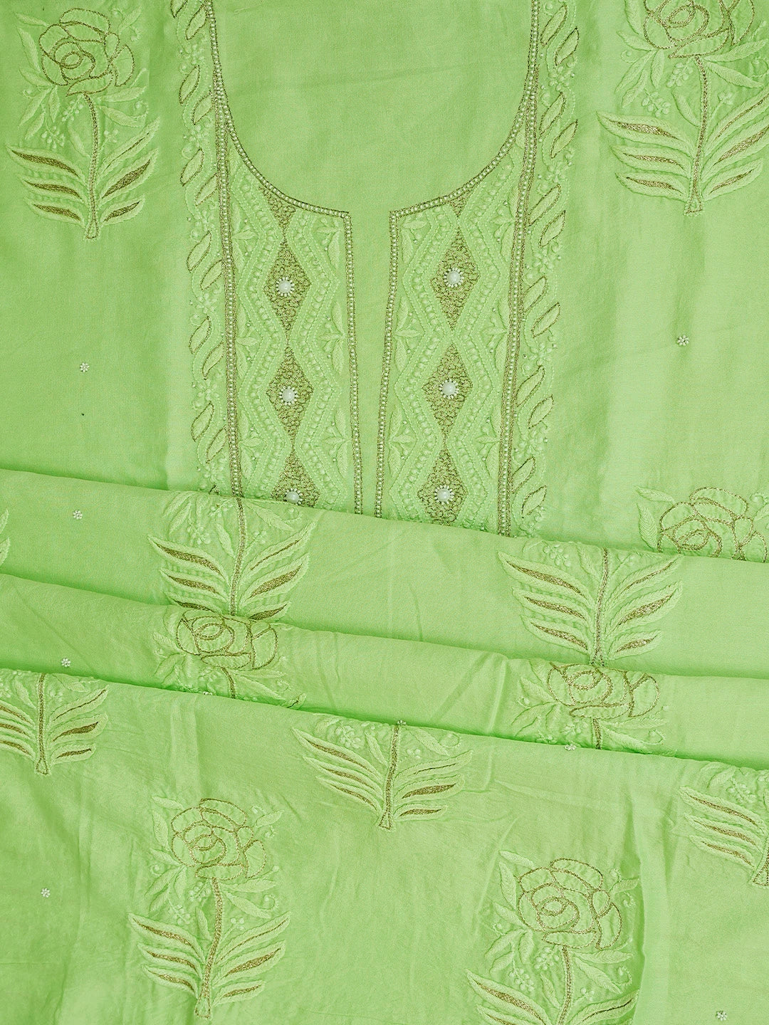 Ada Hand Embroidered Light Green Chanderi Lucknowi Chikankari Unstitched Kurta Dupatta Set With Pearl Work 01A525840
