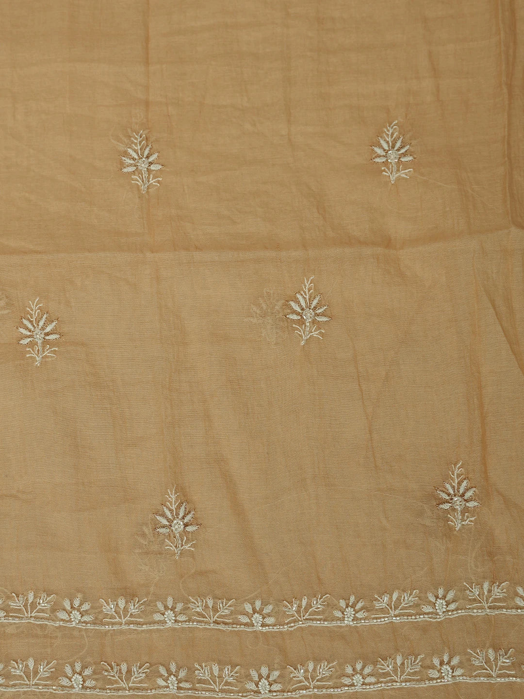 Ada Hand Embroidered Fawn Chanderi Lucknowi Chikankari Unstitched Kurta Dupatta Set With Pearl Work 01A784523
