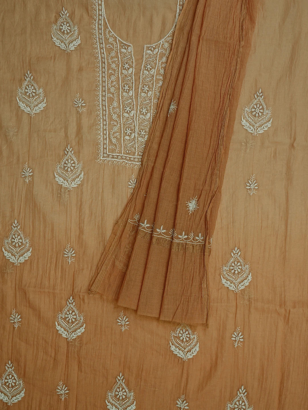 Ada Hand Embroidered Fawn Chanderi Lucknowi Chikankari Unstitched Kurta Dupatta Set With Pearl Work 01A784523