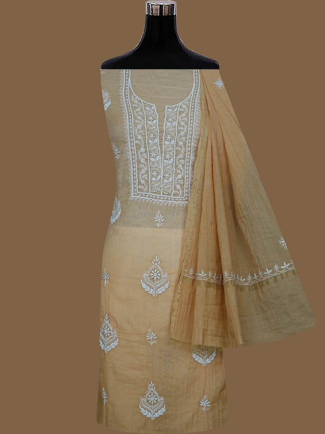 Ada Hand Embroidered Fawn Chanderi Lucknowi Chikankari Unstitched Kurta Dupatta Set With Pearl Work 01A784523
