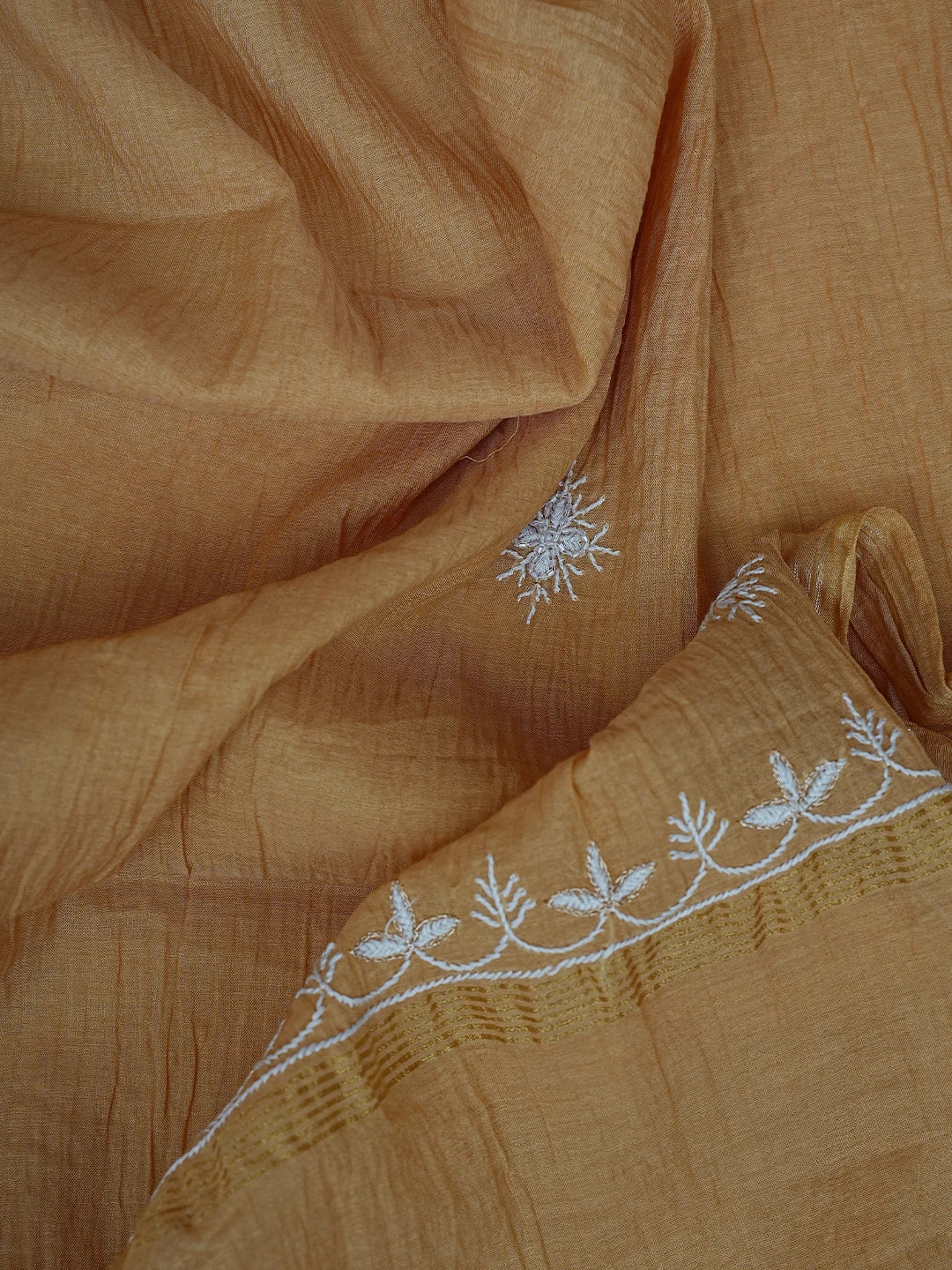Ada Hand Embroidered Fawn Chanderi Lucknowi Chikankari Unstitched Kurta Dupatta Set With Pearl Work 01A784523