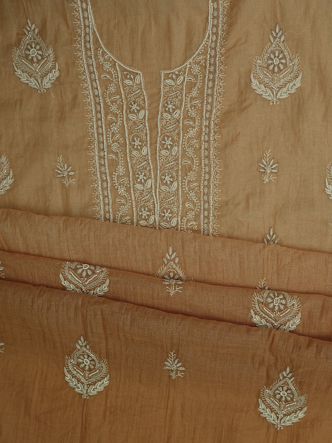 Ada Hand Embroidered Fawn Chanderi Lucknowi Chikankari Unstitched Kurta Dupatta Set With Pearl Work 01A784523
