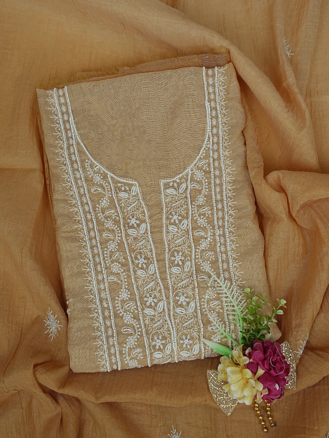 Ada Hand Embroidered Fawn Chanderi Lucknowi Chikankari Unstitched Kurta Dupatta Set With Pearl Work 01A784523