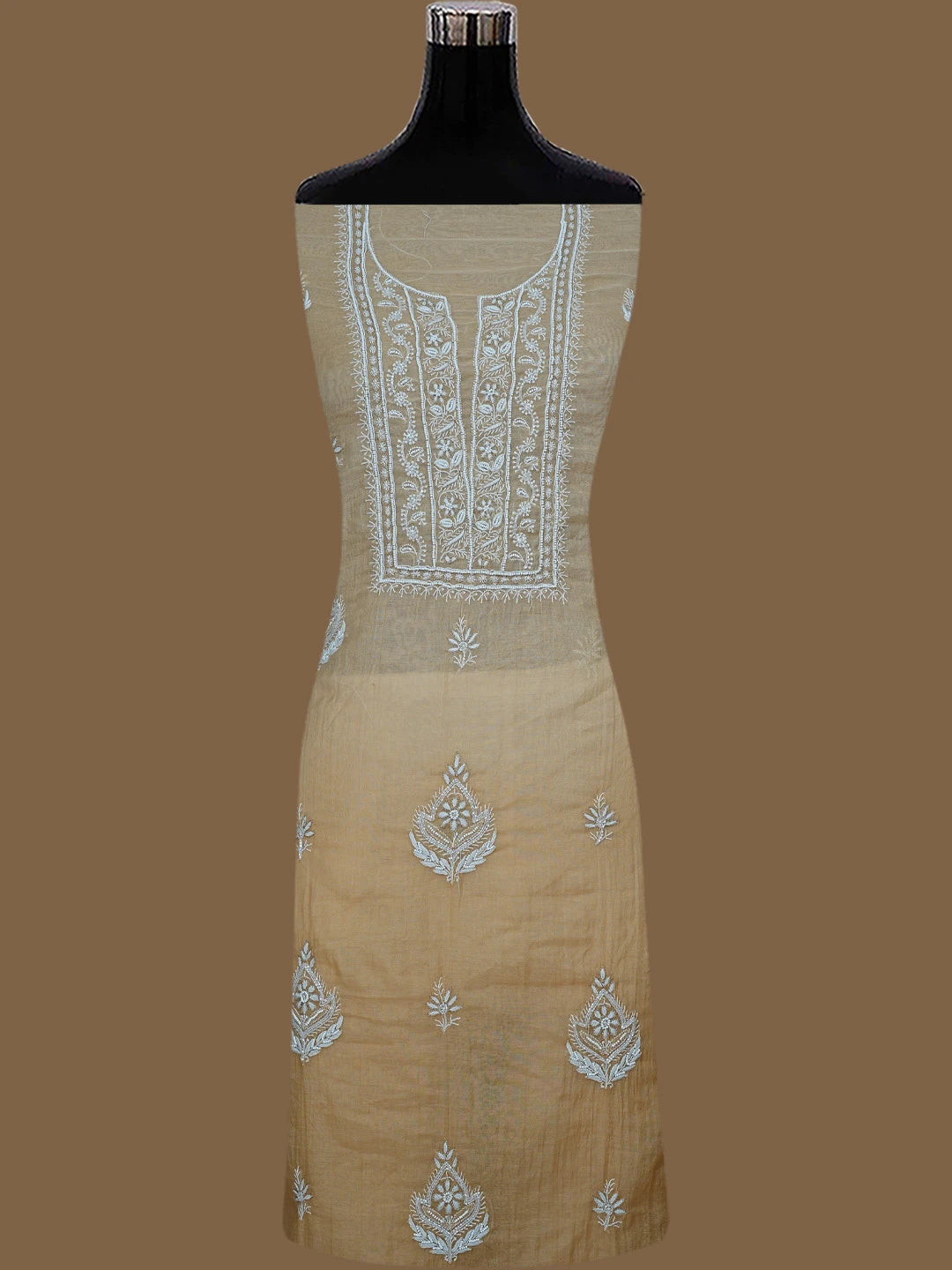 Ada Hand Embroidered Fawn Chanderi Lucknowi Chikankari Unstitched Kurta Dupatta Set With Pearl Work 01A784523