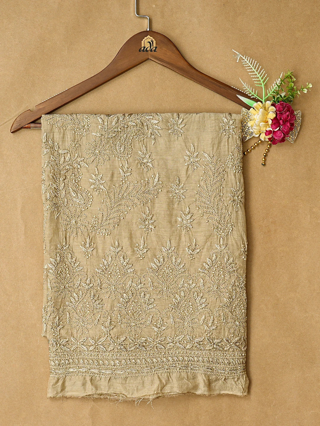 Ada Hand Embroidered Fawn Muslin Lucknowi Chikankari Unstitched Kurta Piece 01A811314