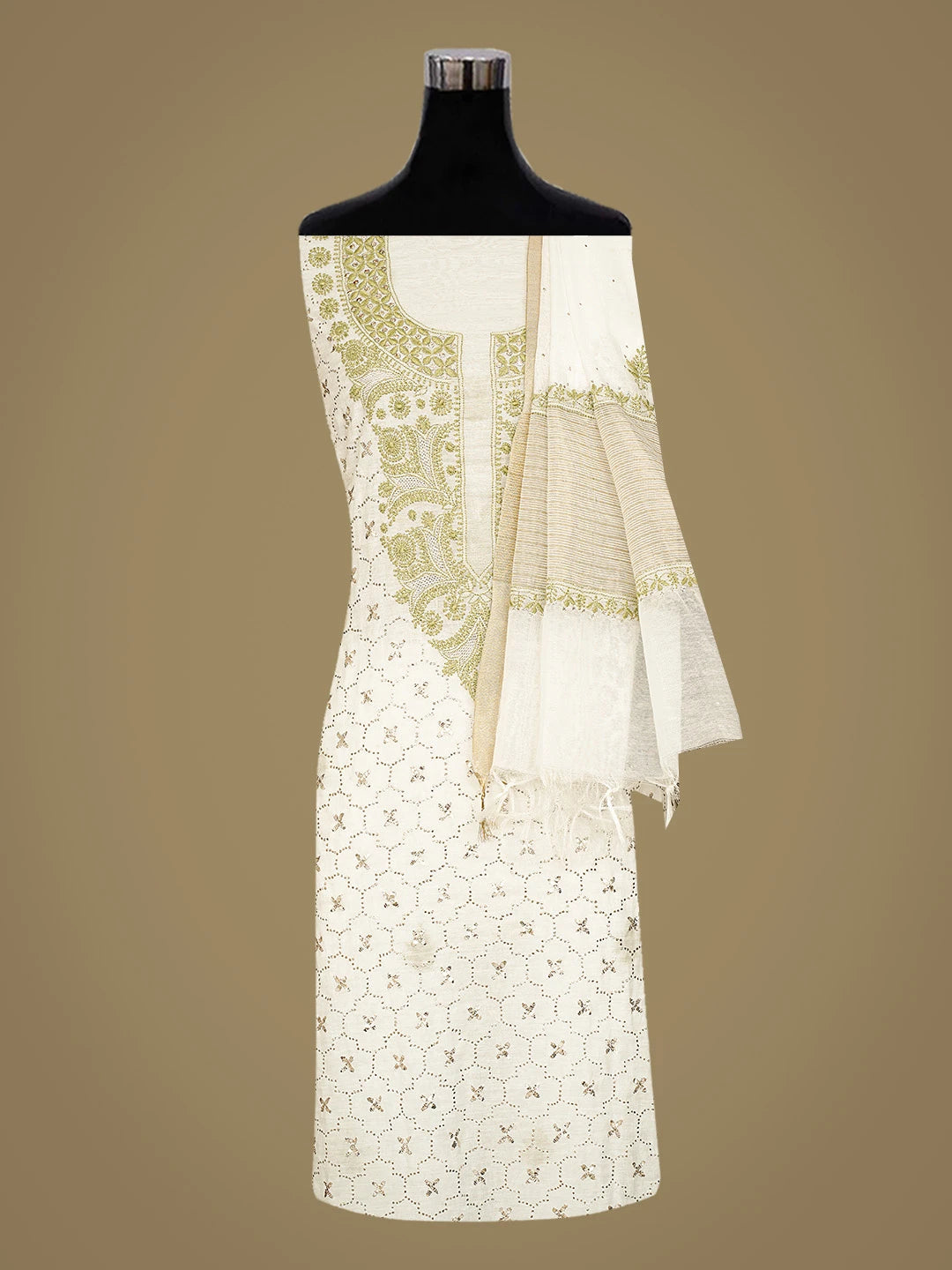 Ada Hand Embroidered White Cosmic Latte  Lucknowi Chikankari Unstitched Kurta Dupatta Set With Muqaish Work 01A712670