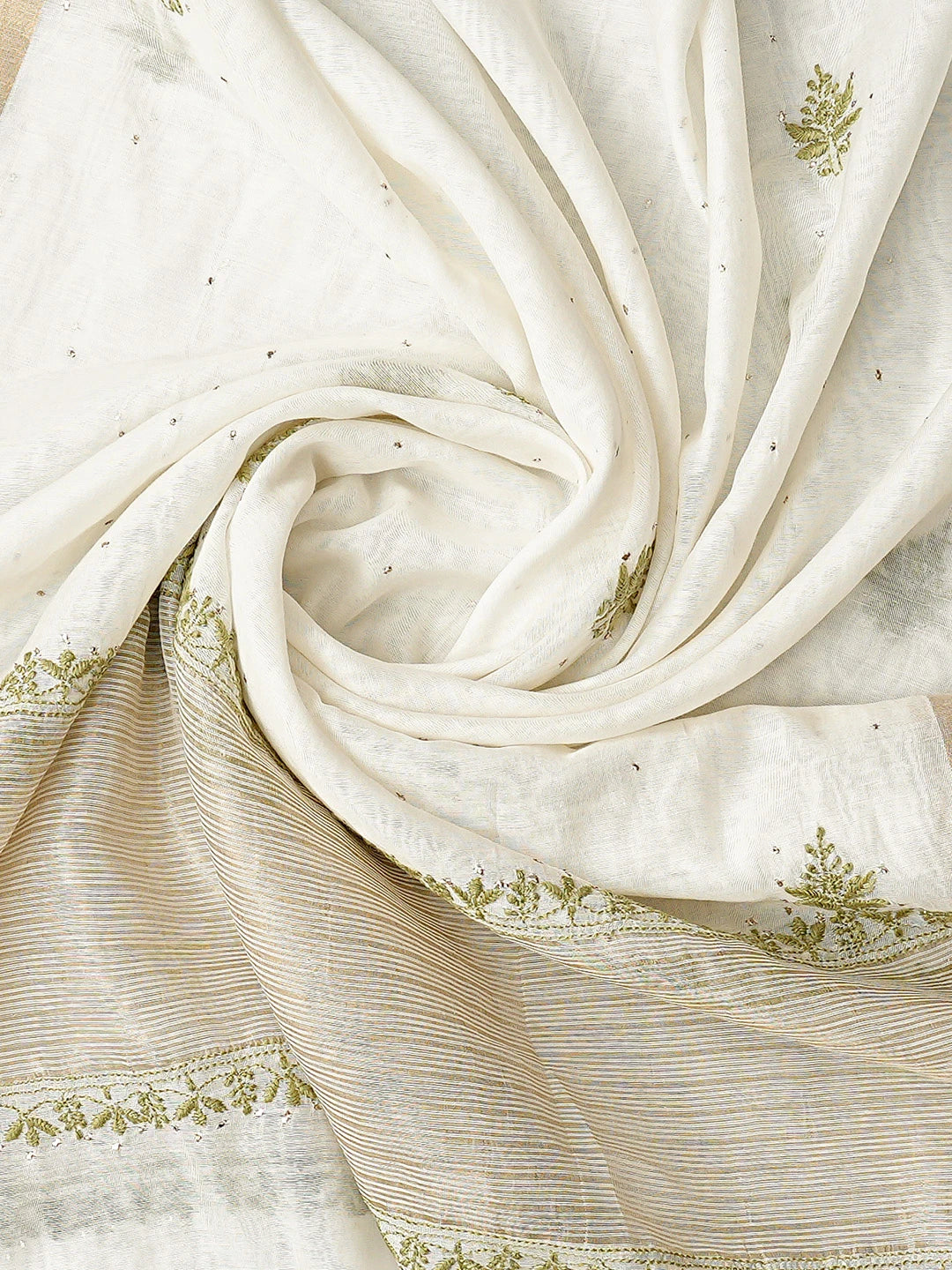 Ada Hand Embroidered White Cosmic Latte  Lucknowi Chikankari Unstitched Kurta Dupatta Set With Muqaish Work 01A712670