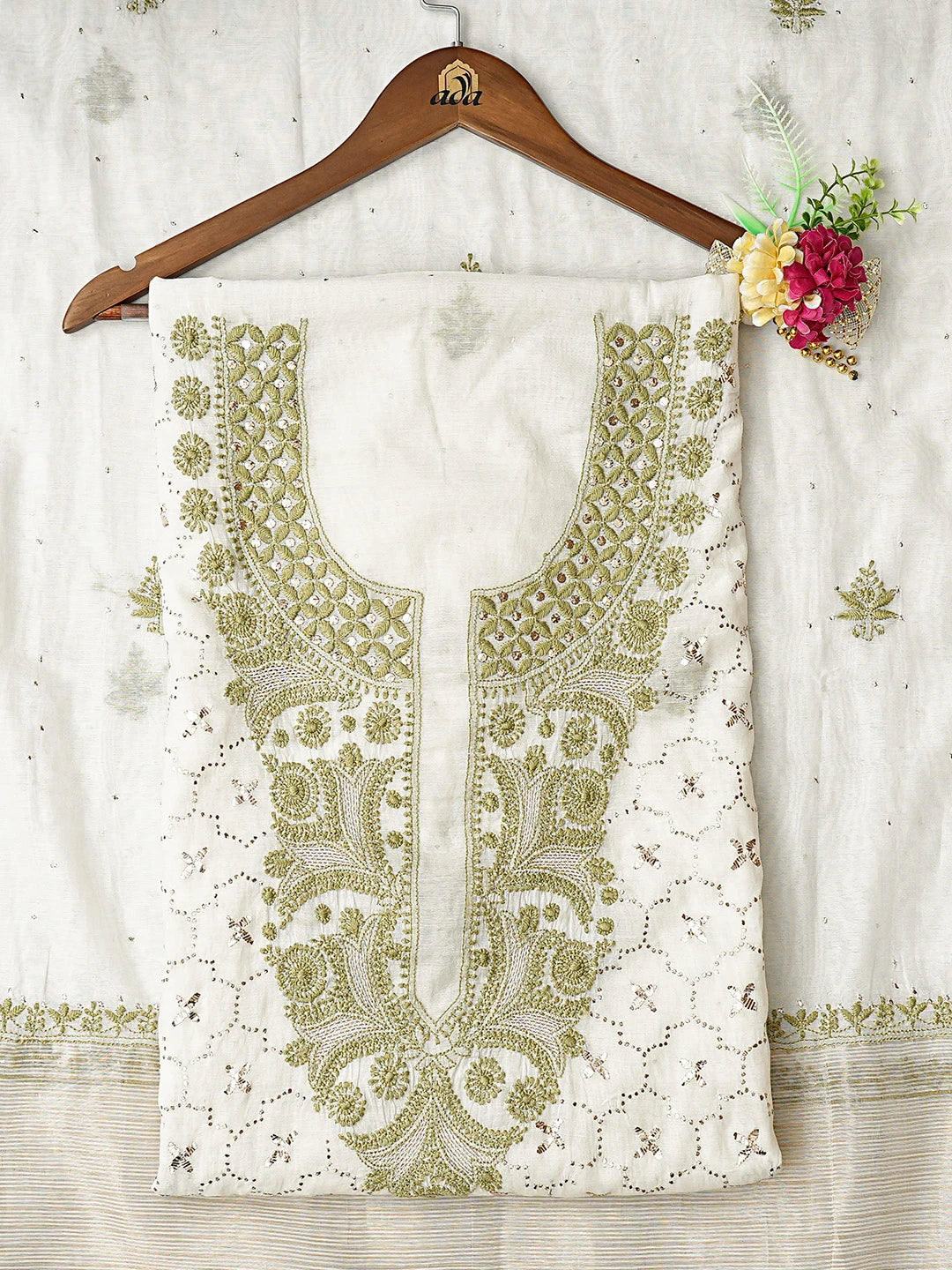 Ada Hand Embroidered White Cosmic Latte  Lucknowi Chikankari Unstitched Kurta Dupatta Set With Muqaish Work 01A712670