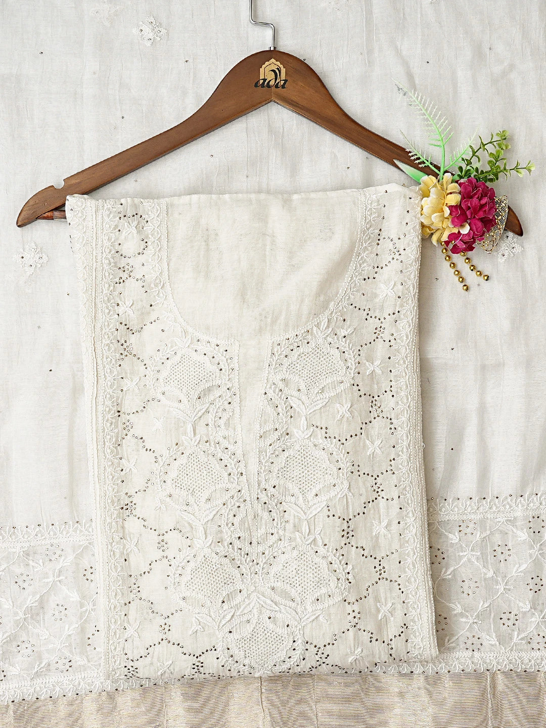Ada Hand Embroidered White Chanderi Lucknowi Chikankari Semi-stitched Kurta Dupatta Set With Mukaish Work 01A719526
