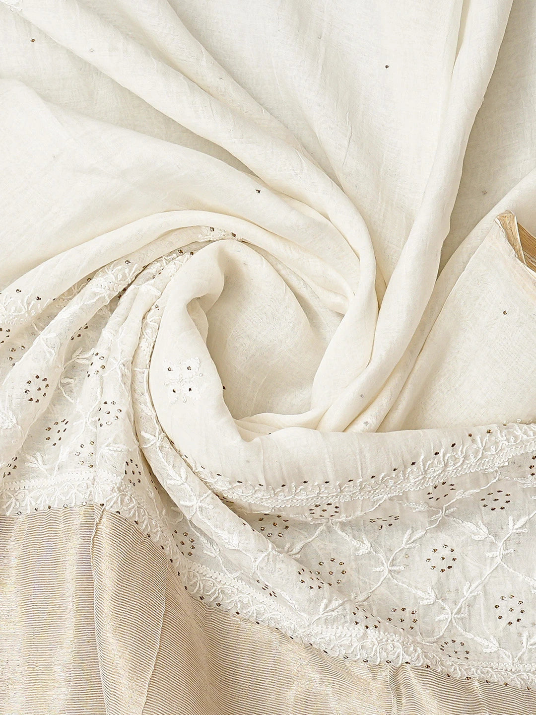 Ada Hand Embroidered White Chanderi Lucknowi Chikankari Semi-stitched Kurta Dupatta Set With Mukaish Work 01A719526