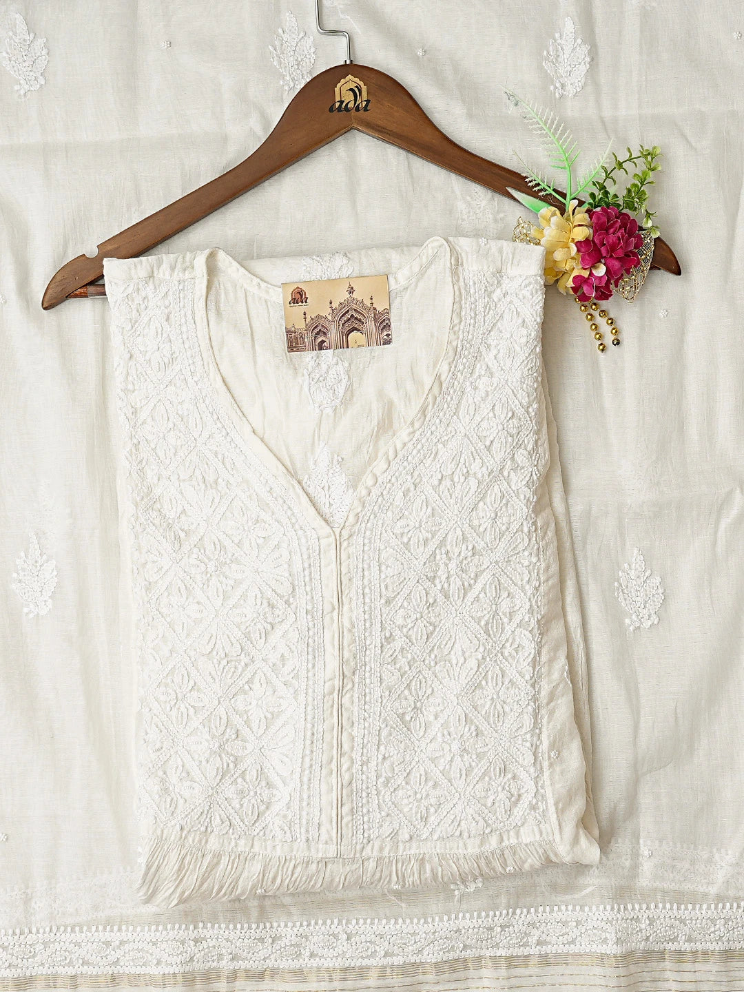 Ada Hand Embroidered White Chanderi Lucknowi Chikankari Semi-stitched Kurta Dupatta Set With Pearl Work 01A833553