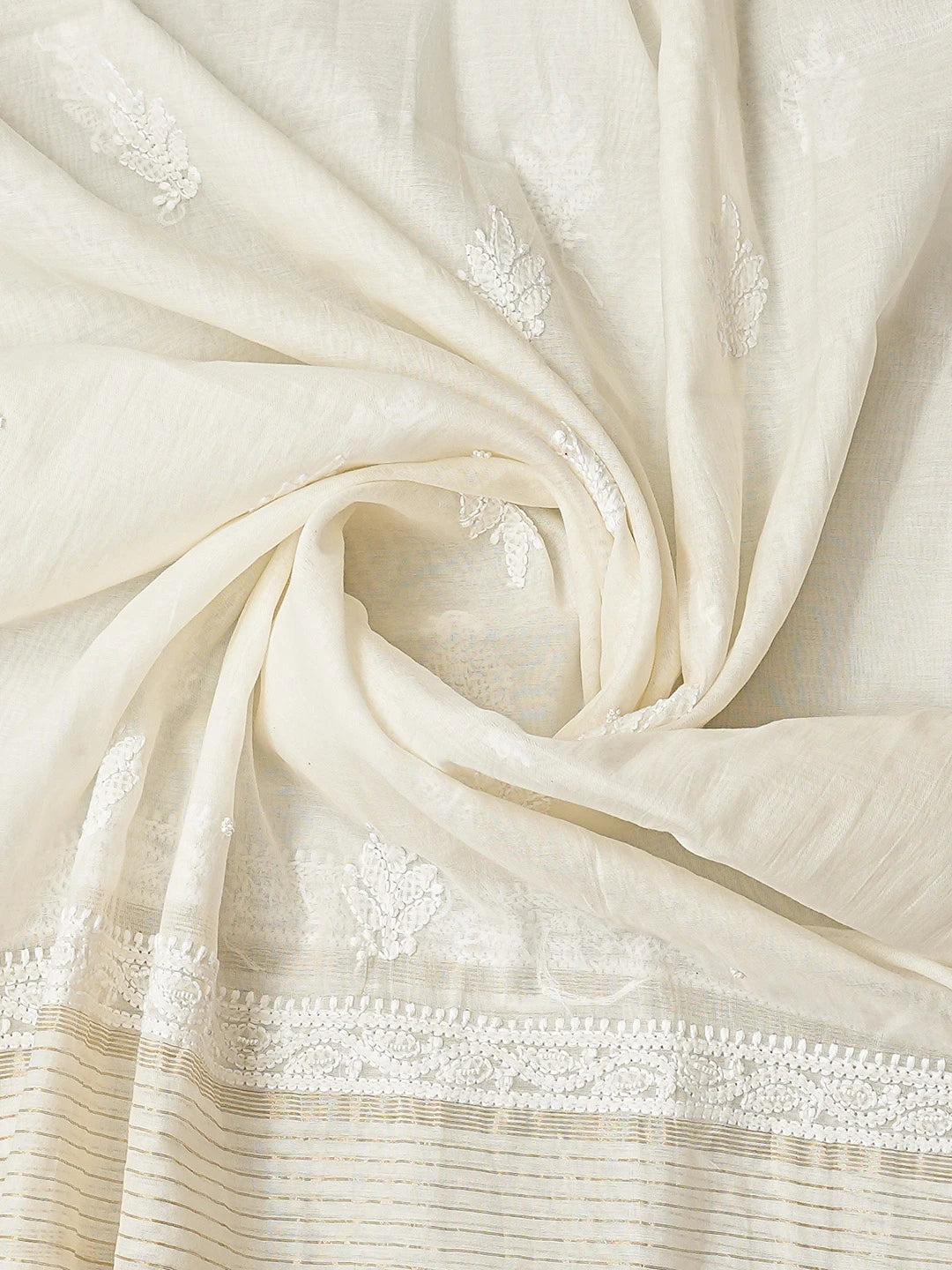 Ada Hand Embroidered White Chanderi Lucknowi Chikankari Semi-stitched Kurta Dupatta Set With Pearl Work 01A833553