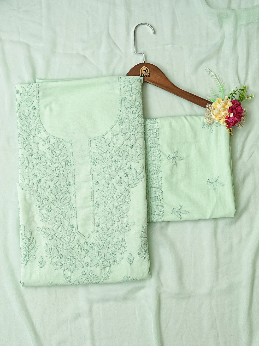 Ada Hand Embroidered Sea Green Cotton Lucknowi Chikankari Unstitched Suit Piece 01A306154