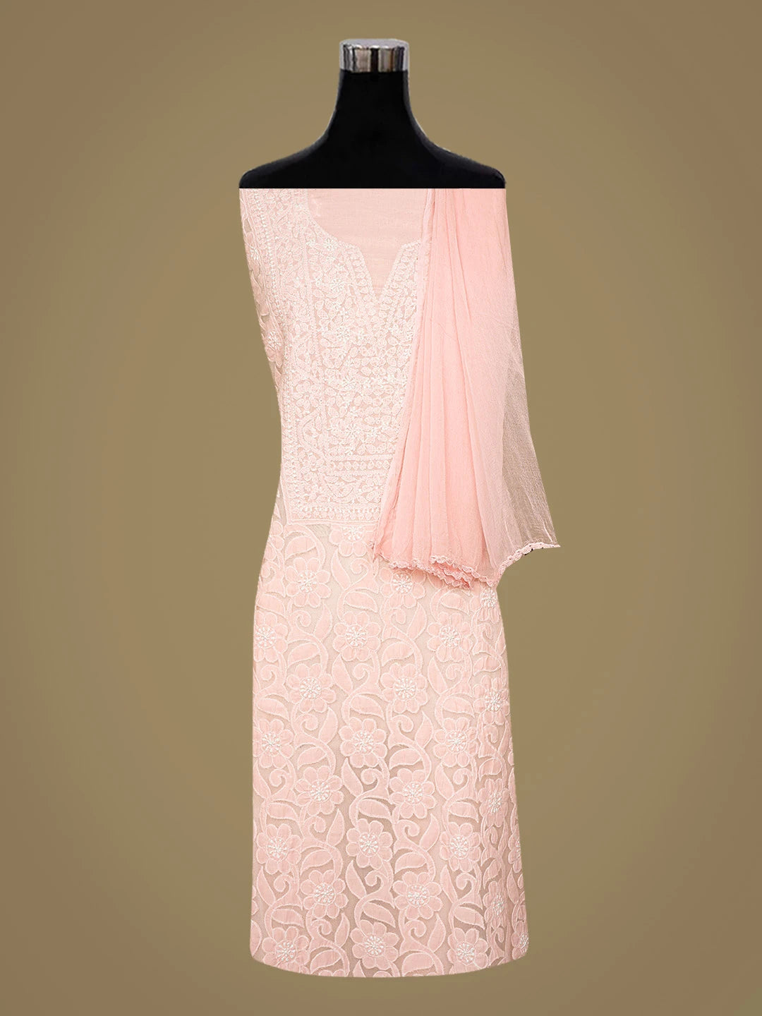 Ada Hand Embroidered Peach Cotton Lucknowi Chikankari Unstitched Suit Piece 01A821976