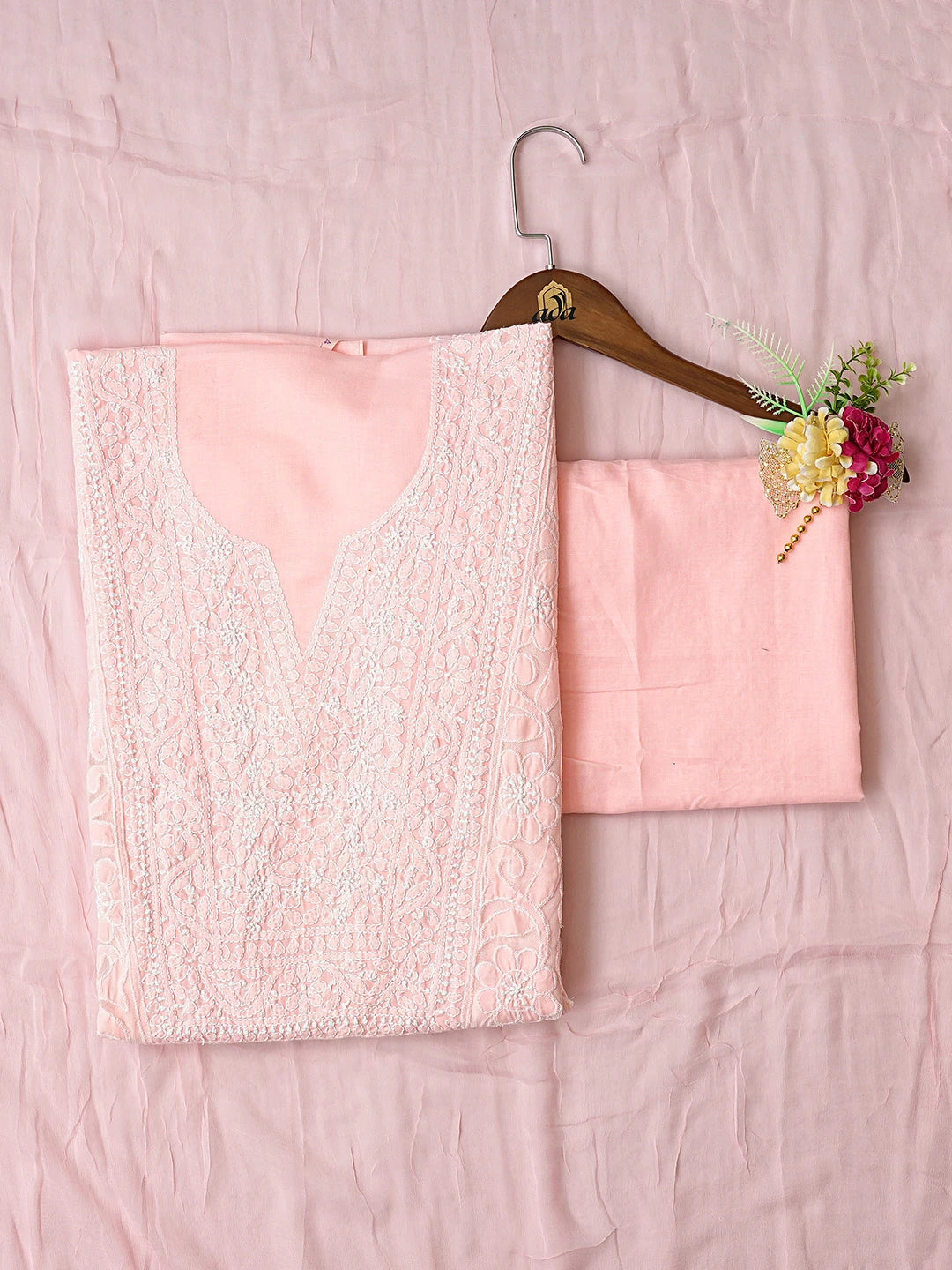 Ada Hand Embroidered Peach Cotton Lucknowi Chikankari Unstitched Suit Piece 01A821976