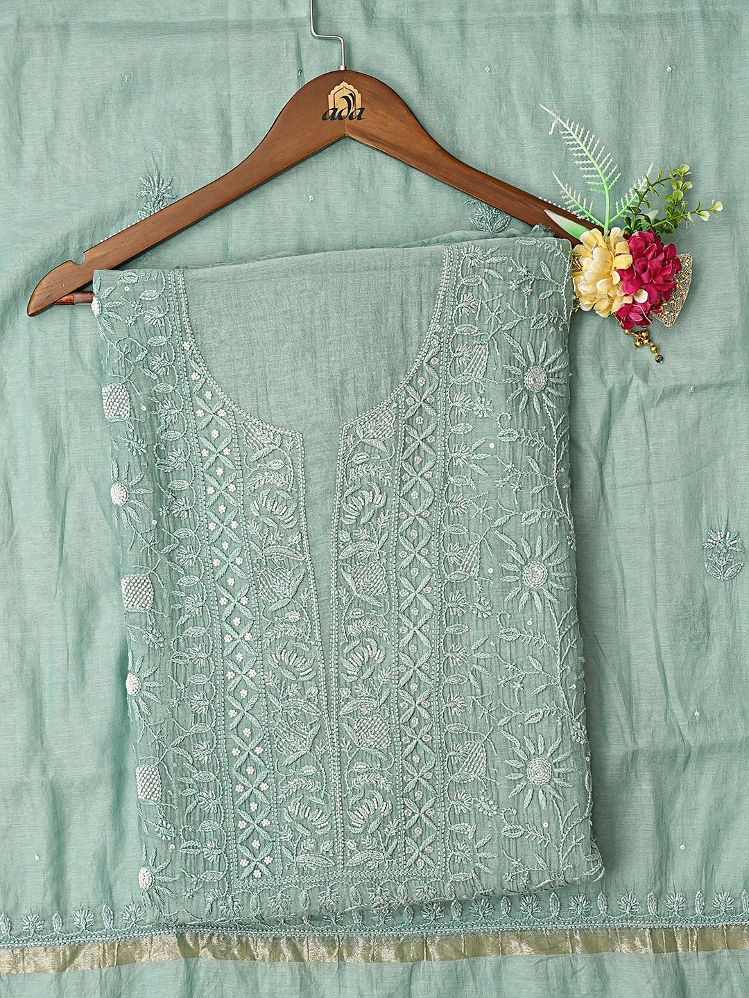 Ada Hand Embroidered Teal Green Chanderi Lucknowi Chikankari Unstitched Kurta Dupatta Set With Cutdana Work 01A800043