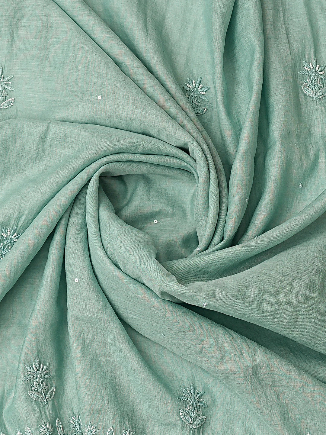 Ada Hand Embroidered Teal Green Chanderi Lucknowi Chikankari Unstitched Kurta Dupatta Set With Cutdana Work 01A800043