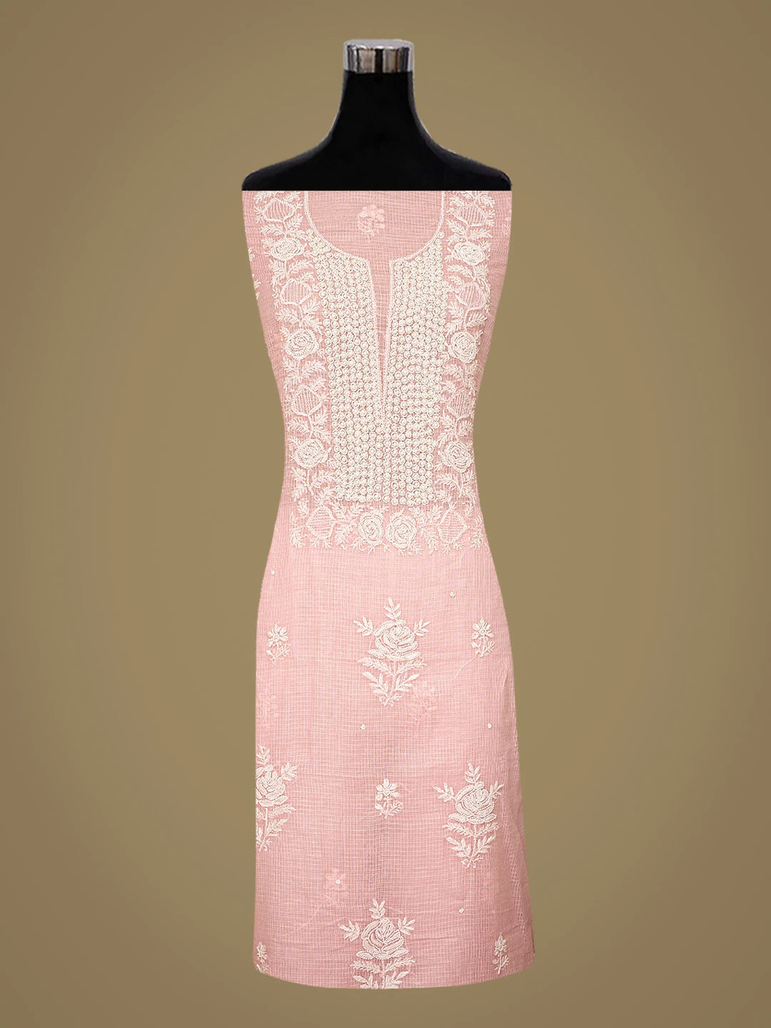 Ada Hand Embroidered Pink Kota Lucknowi Chikankari Unstitched Kurta Dupatta Set With Pearl Work 01A812201