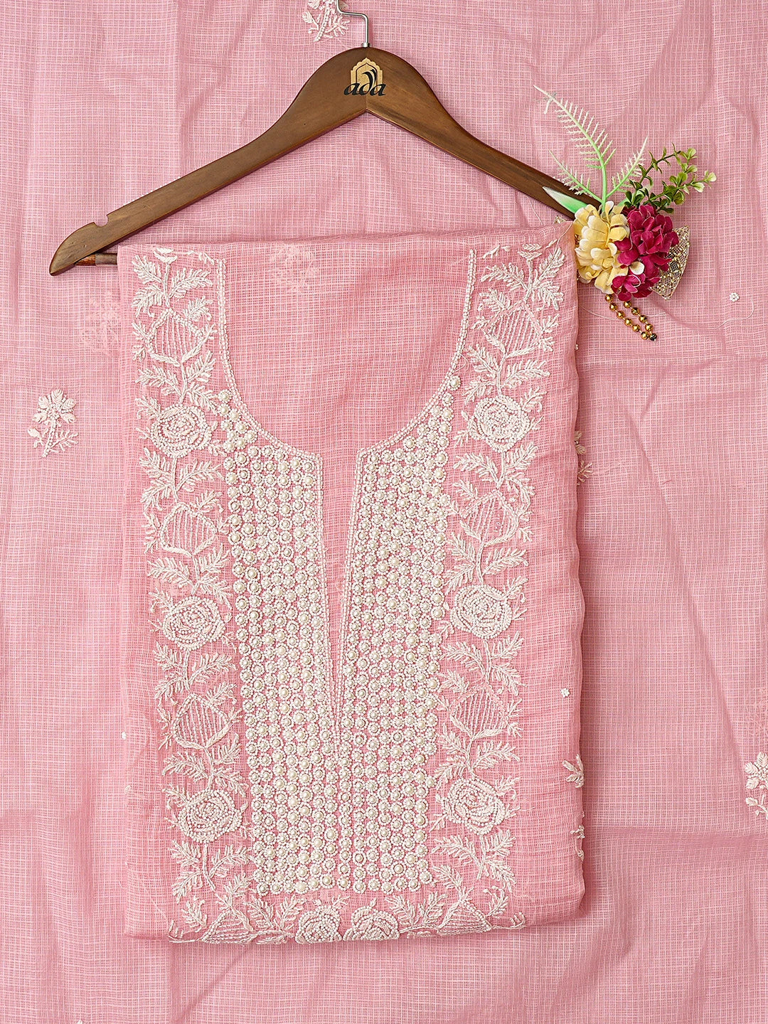 Ada Hand Embroidered Pink Kota Lucknowi Chikankari Unstitched Kurta Dupatta Set With Pearl Work 01A812201