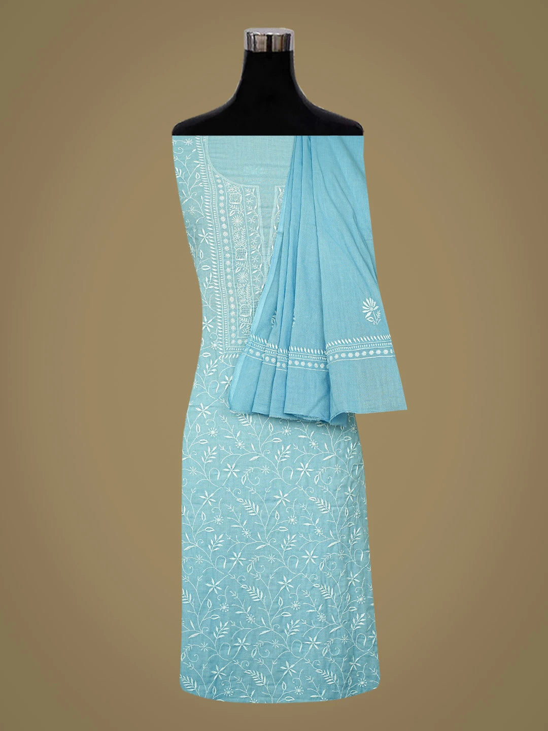 Ada Hand Embroidered Blue Cotton Lucknowi Chikankari Unstitched Kurta Dupatta Set 01A345040