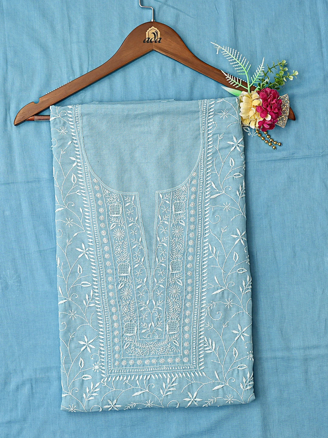 Ada Hand Embroidered Blue Cotton Lucknowi Chikankari Unstitched Kurta Dupatta Set 01A345040