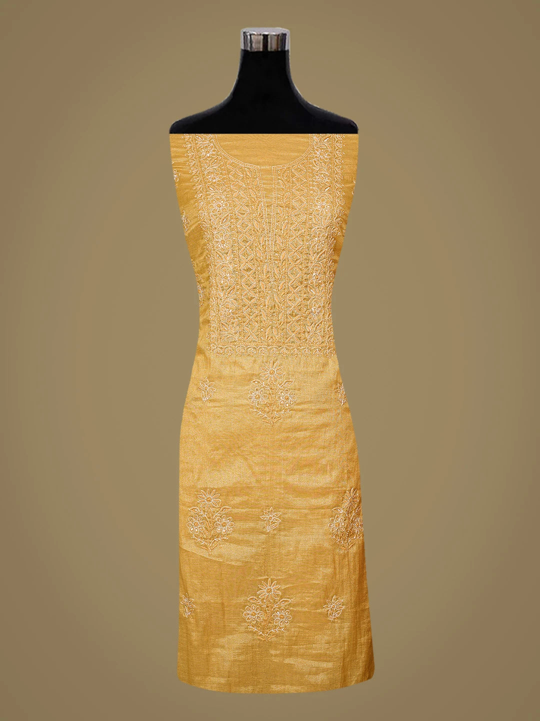 Ada Hand Embroidered Fawn Tissue Lucknowi Chikankari Unstitched Kurta Dupatta Set With Cutdana Work 01A788934