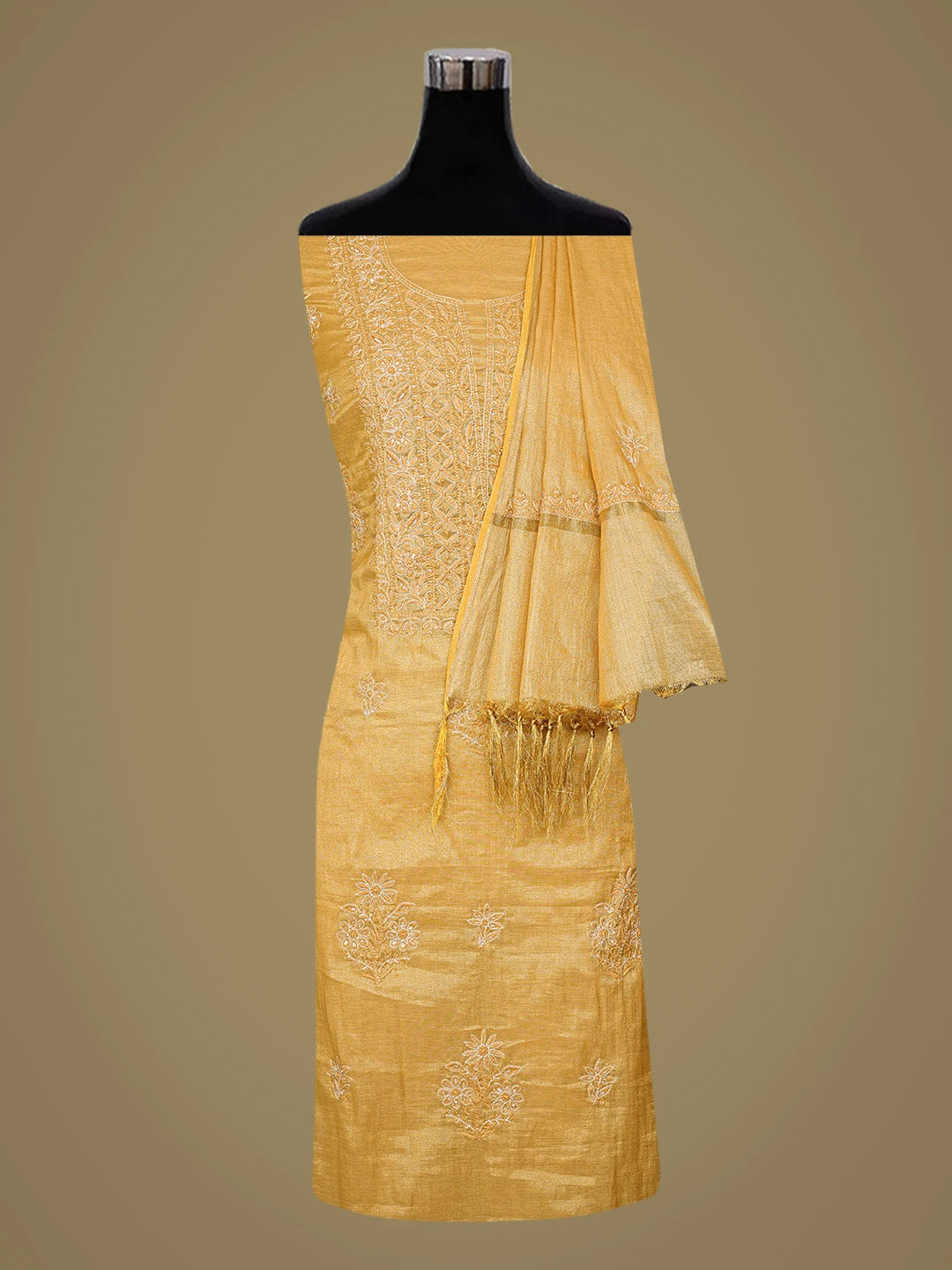 Ada Hand Embroidered Fawn Tissue Lucknowi Chikankari Unstitched Kurta Dupatta Set With Cutdana Work 01A788934