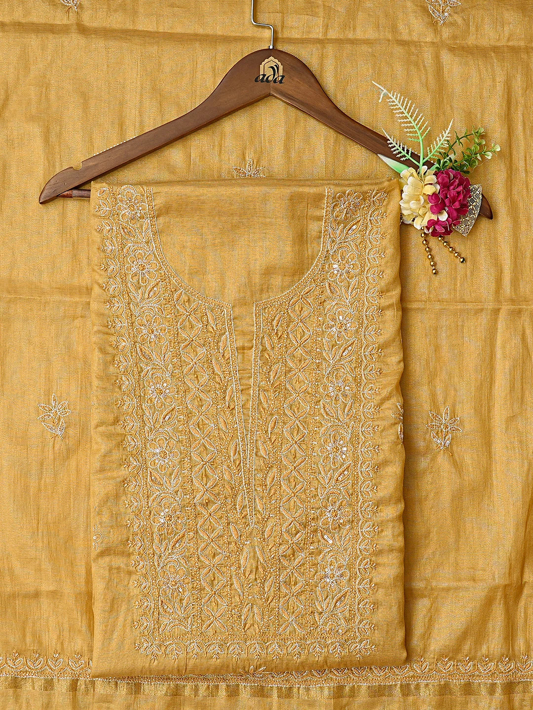 Ada Hand Embroidered Fawn Tissue Lucknowi Chikankari Unstitched Kurta Dupatta Set With Cutdana Work 01A788934