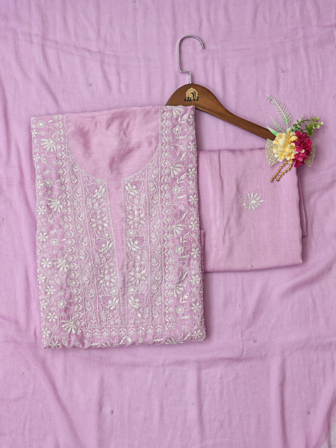 Ada Hand Embroidered Lavender Muslin Lucknowi Chikankari Unstitched Suit Piece With Cutdana Work 01A685964