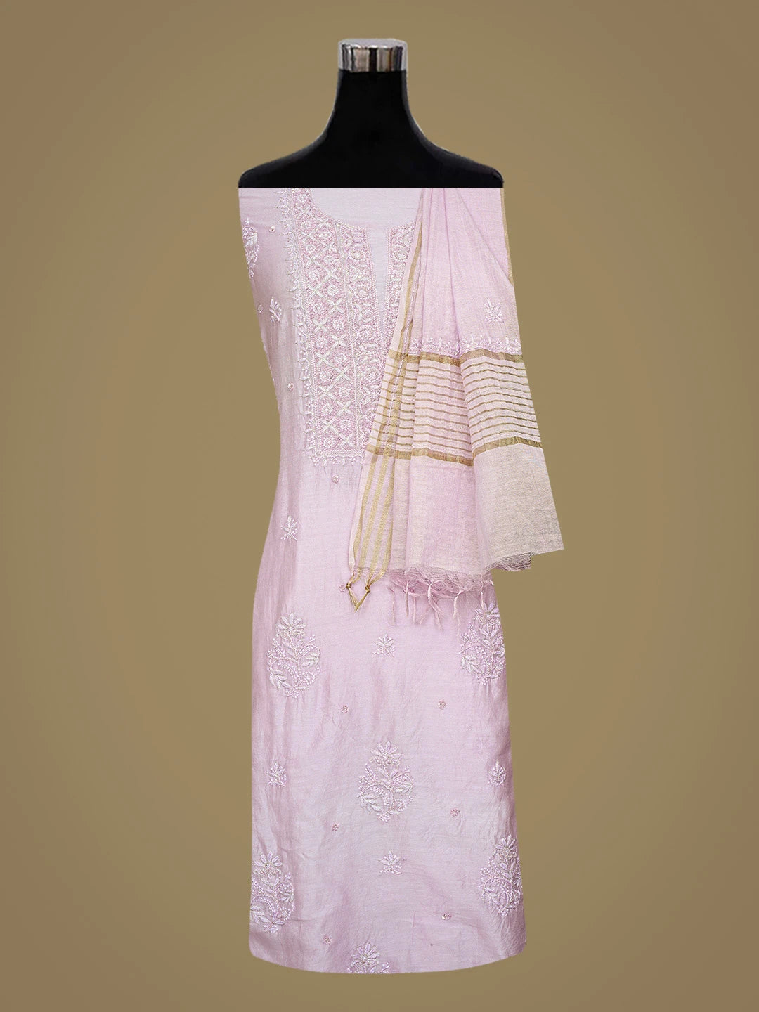 Ada Hand Embroidered Lavender Chanderi Lucknowi Chikankari Unstitched Kurta Dupatta Set With Cutdana Work 01A639190