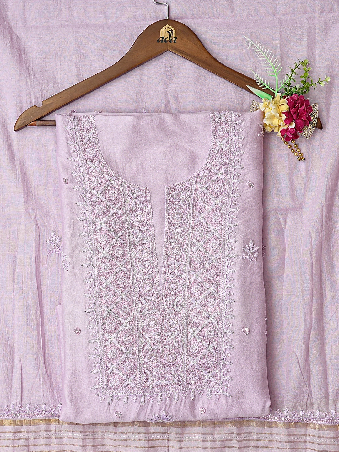 Ada Hand Embroidered Lavender Chanderi Lucknowi Chikankari Unstitched Kurta Dupatta Set With Cutdana Work 01A639190