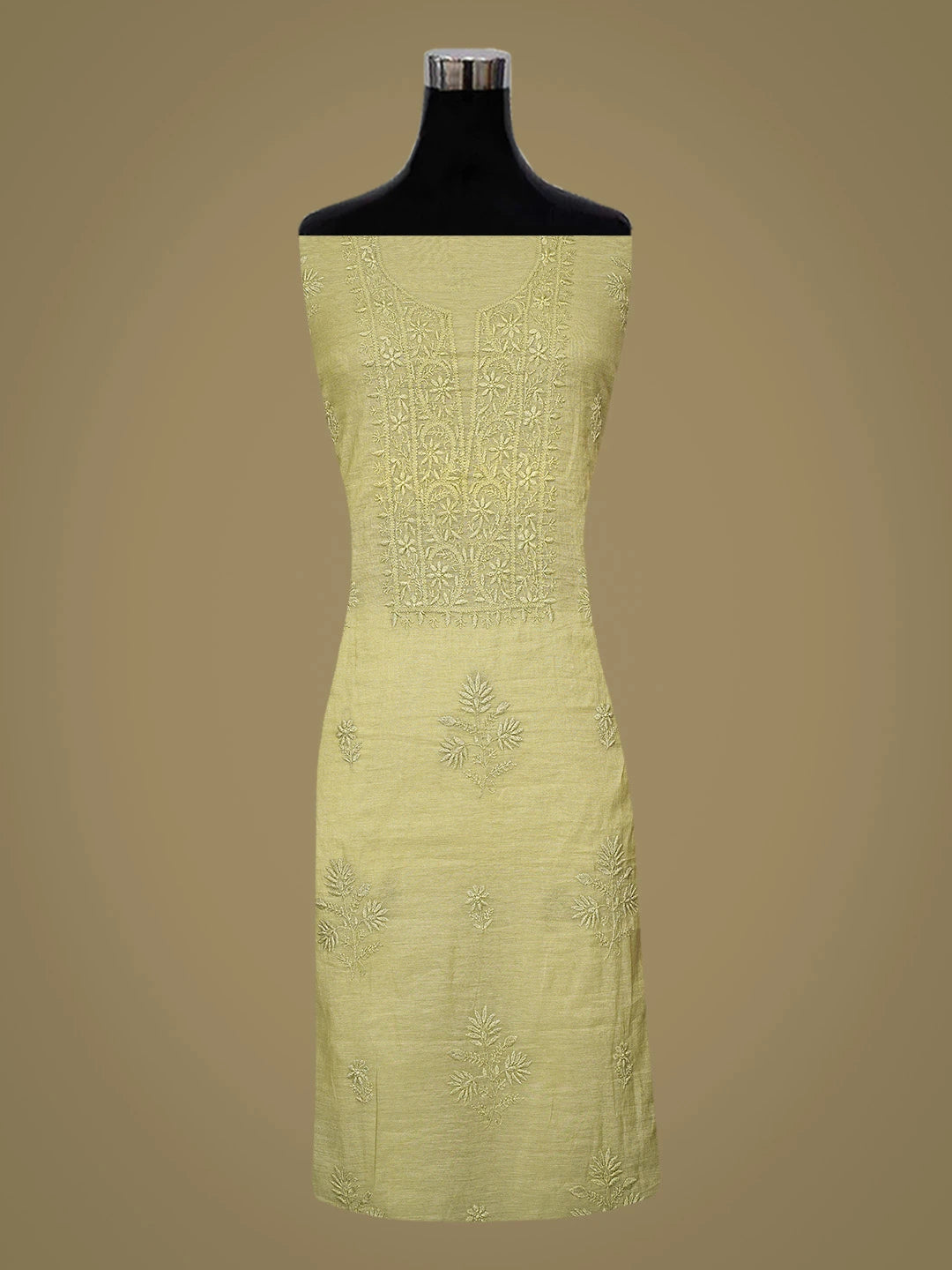 Ada Hand Embroidered Mehandi Green Chanderi Lucknowi Chikankari Unstitched Kurta Dupatta Set 01A790465