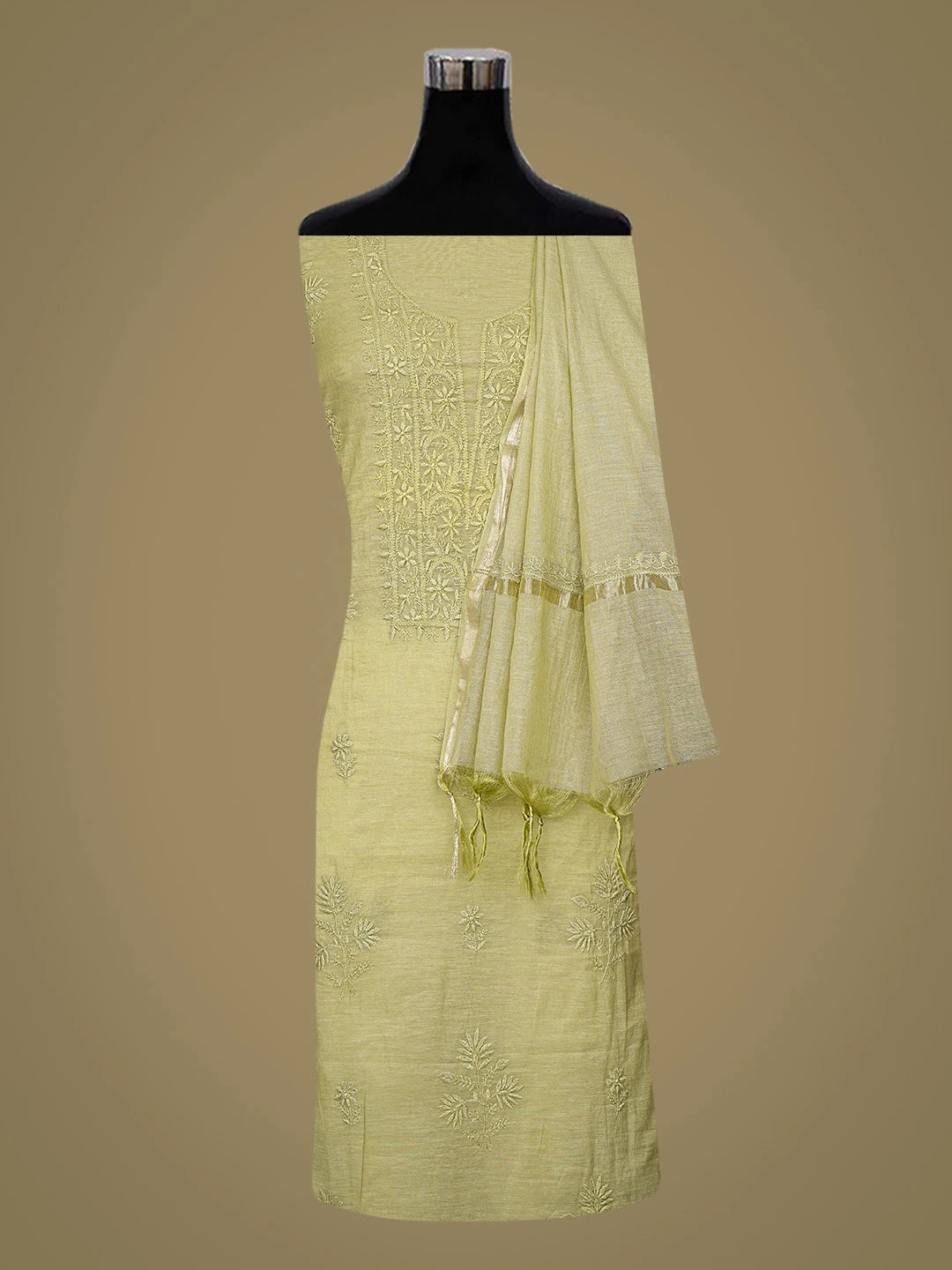 Ada Hand Embroidered Mehandi Green Chanderi Lucknowi Chikankari Unstitched Kurta Dupatta Set 01A790465