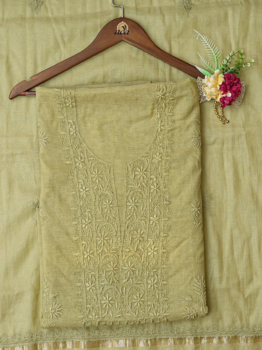 Ada Hand Embroidered Mehandi Green Chanderi Lucknowi Chikankari Unstitched Kurta Dupatta Set 01A790465