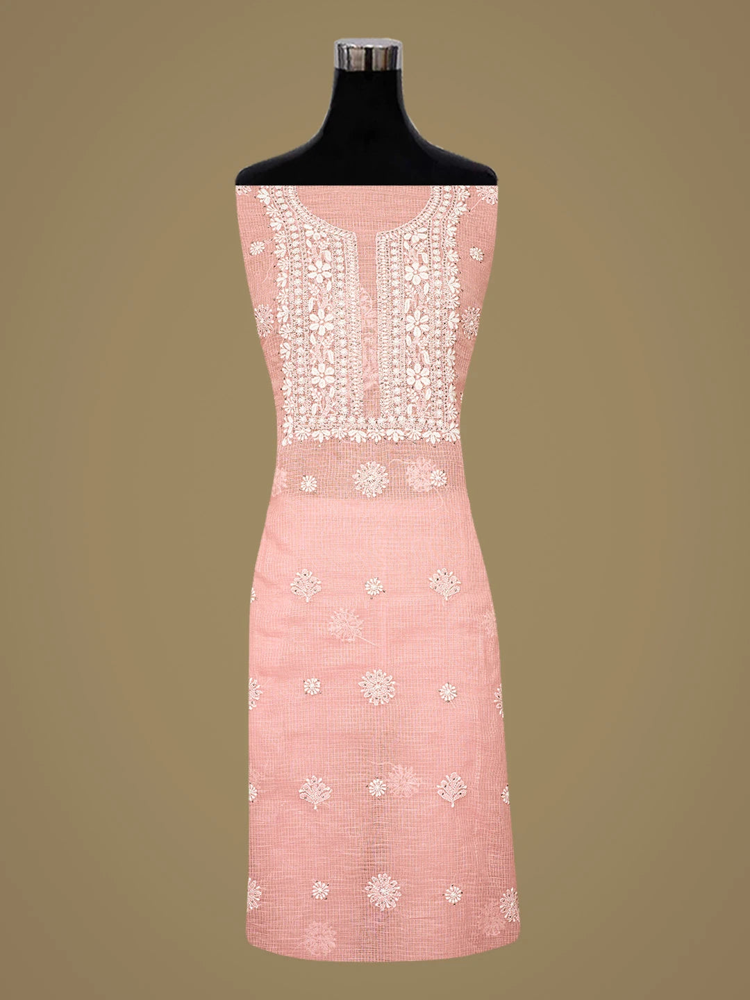 Ada Hand Embroidered Peach Kota Lucknowi Chikankari Unstitched Kurta Dupatta Set With Mukaish Work 01A549048