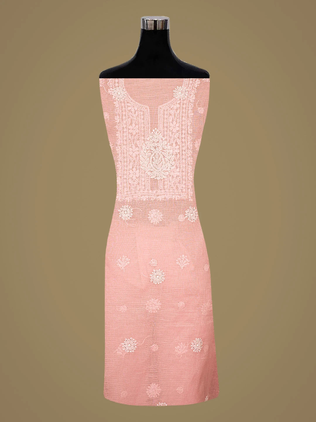 Ada Hand Embroidered Peach Kota Lucknowi Chikankari Unstitched Kurta Dupatta Set With Mukaish Work 01A549048