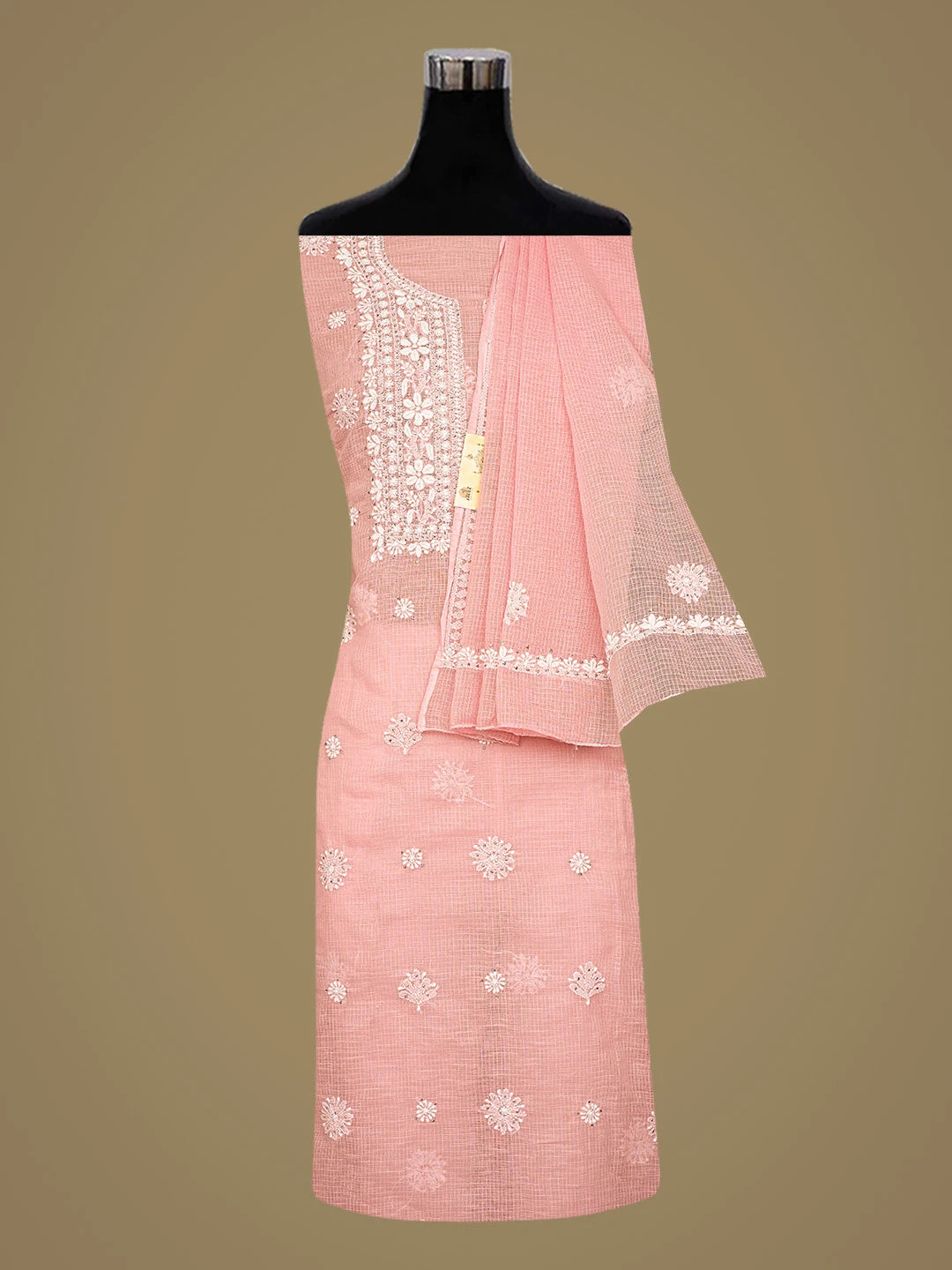 Ada Hand Embroidered Peach Kota Lucknowi Chikankari Unstitched Kurta Dupatta Set With Mukaish Work 01A549048