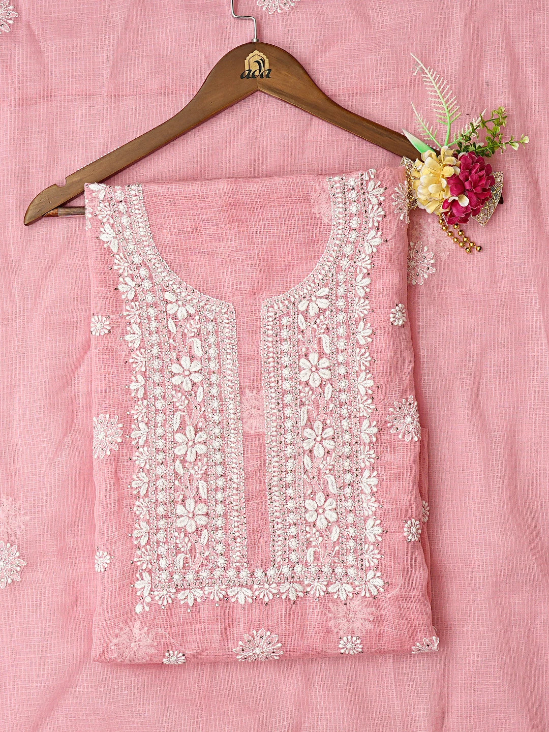 Ada Hand Embroidered Peach Kota Lucknowi Chikankari Unstitched Kurta Dupatta Set With Mukaish Work 01A549048