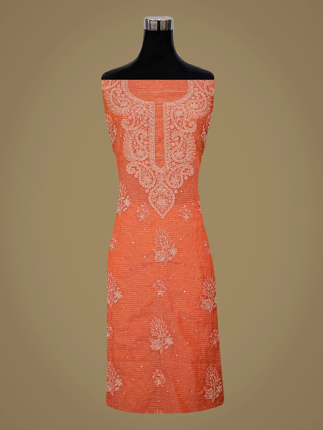 Ada Hand Embroidered Orange Kota Silk Lucknowi Chikankari Unstitched Kurta Dupatta Set With Pearl Work 01A802088