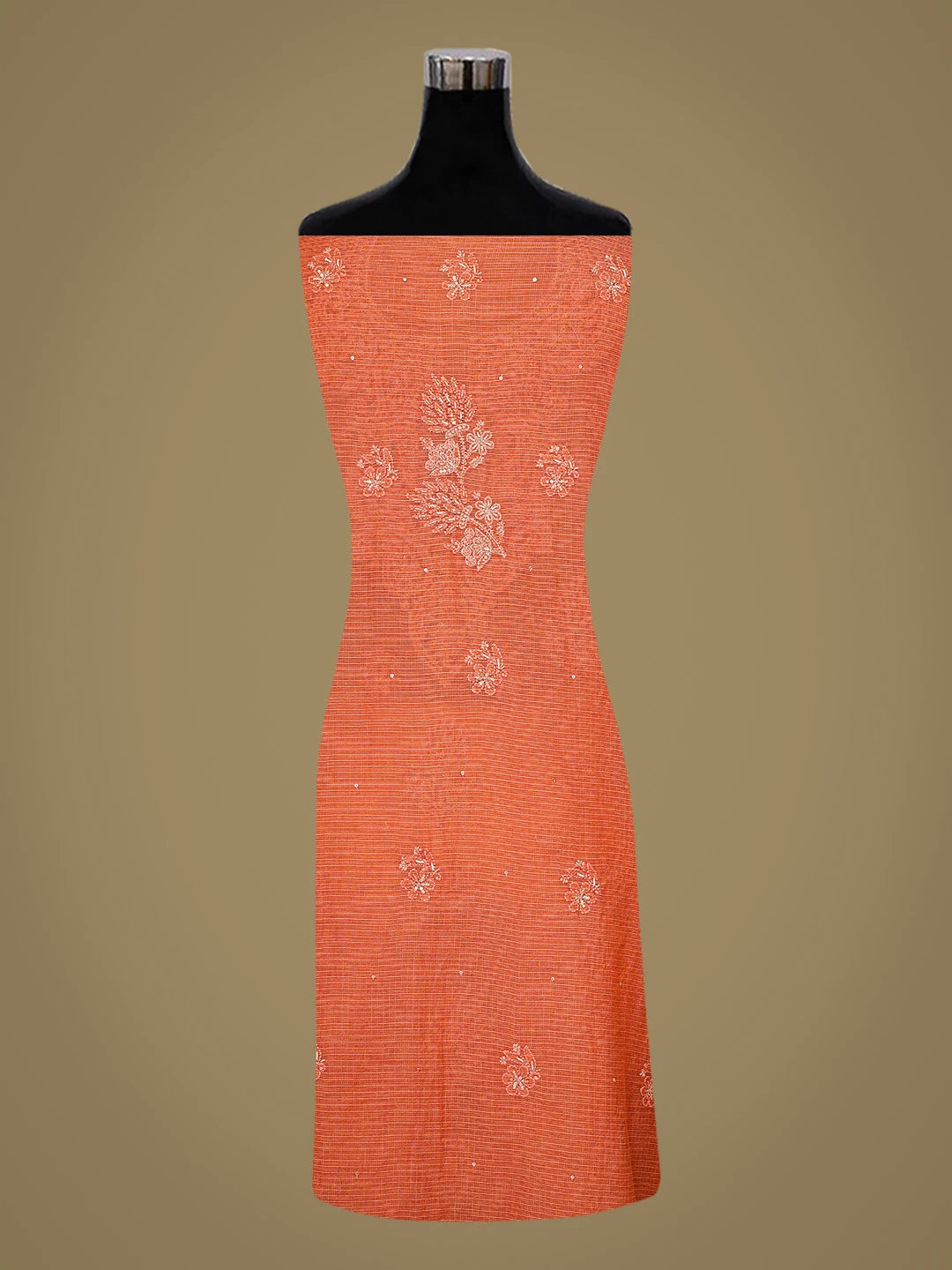 Ada Hand Embroidered Orange Kota Silk Lucknowi Chikankari Unstitched Kurta Dupatta Set With Pearl Work 01A802088
