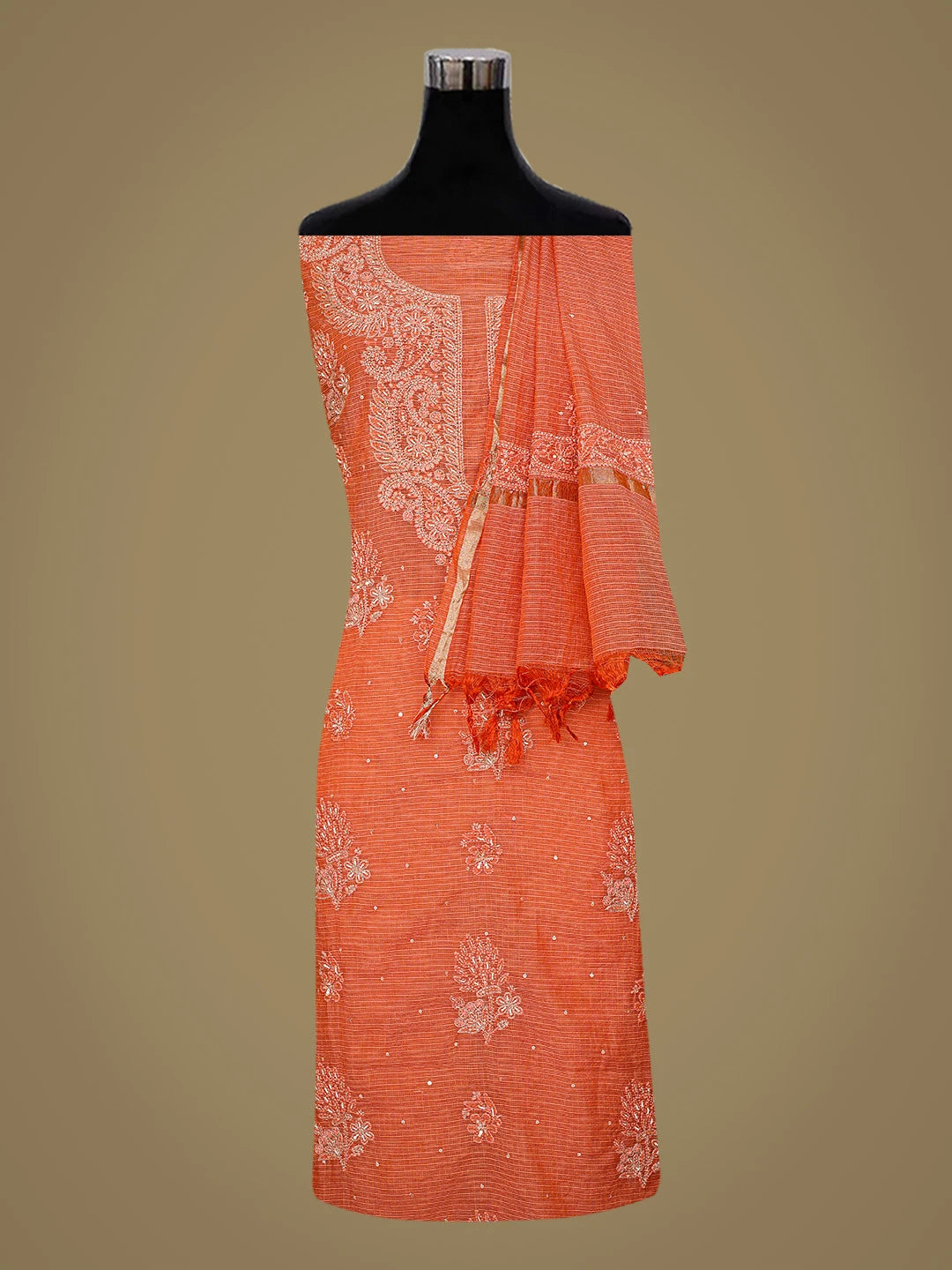 Ada Hand Embroidered Orange Kota Silk Lucknowi Chikankari Unstitched Kurta Dupatta Set With Pearl Work 01A802088